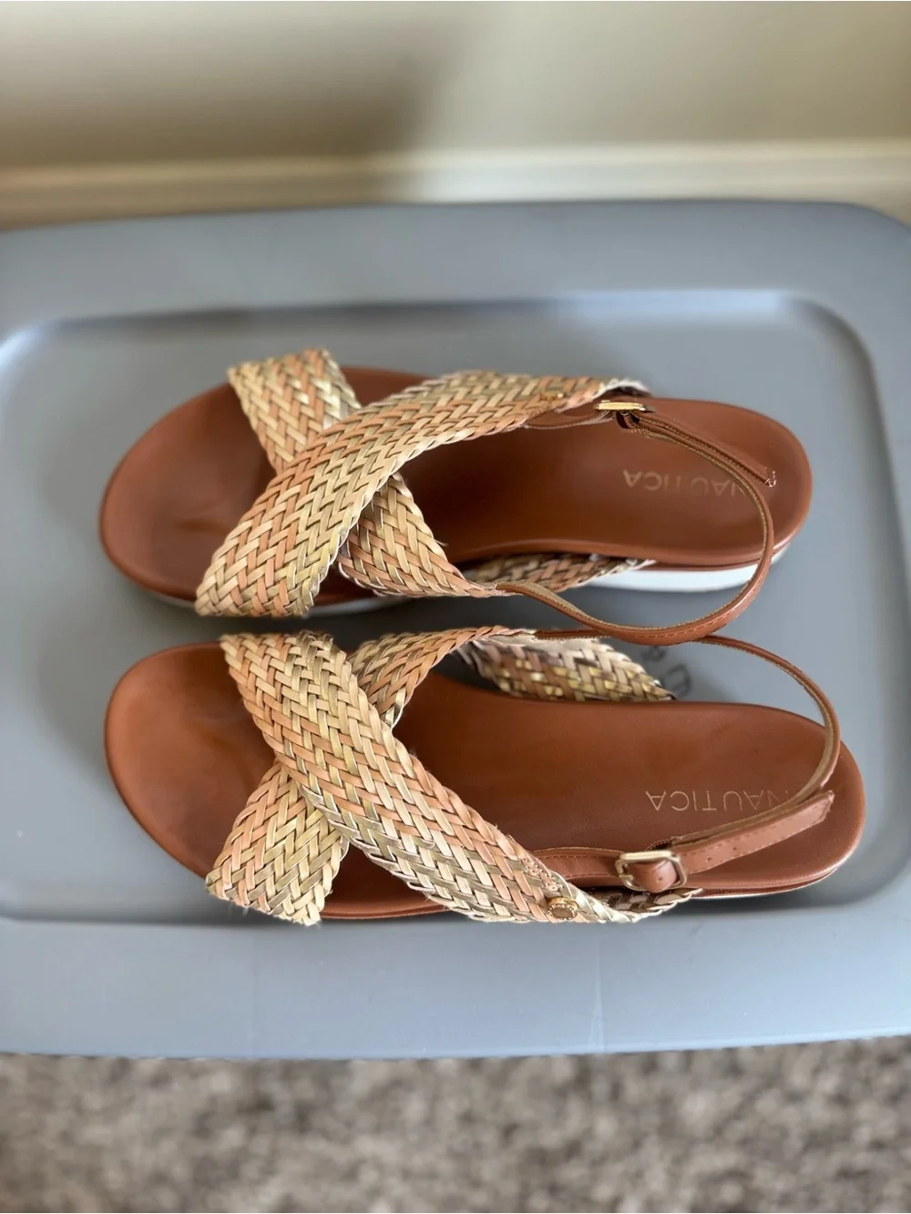 Nautica Women’s Woven Cross-Strap Slingback Sandals in Gold and Brown